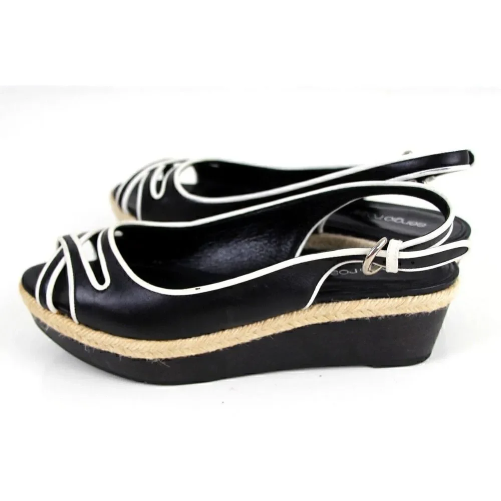 Sergio Rossi BLACK WHITE GENUINE LEATHER OPEN TOE PLATFORM SLINGBACKS SHOES 37